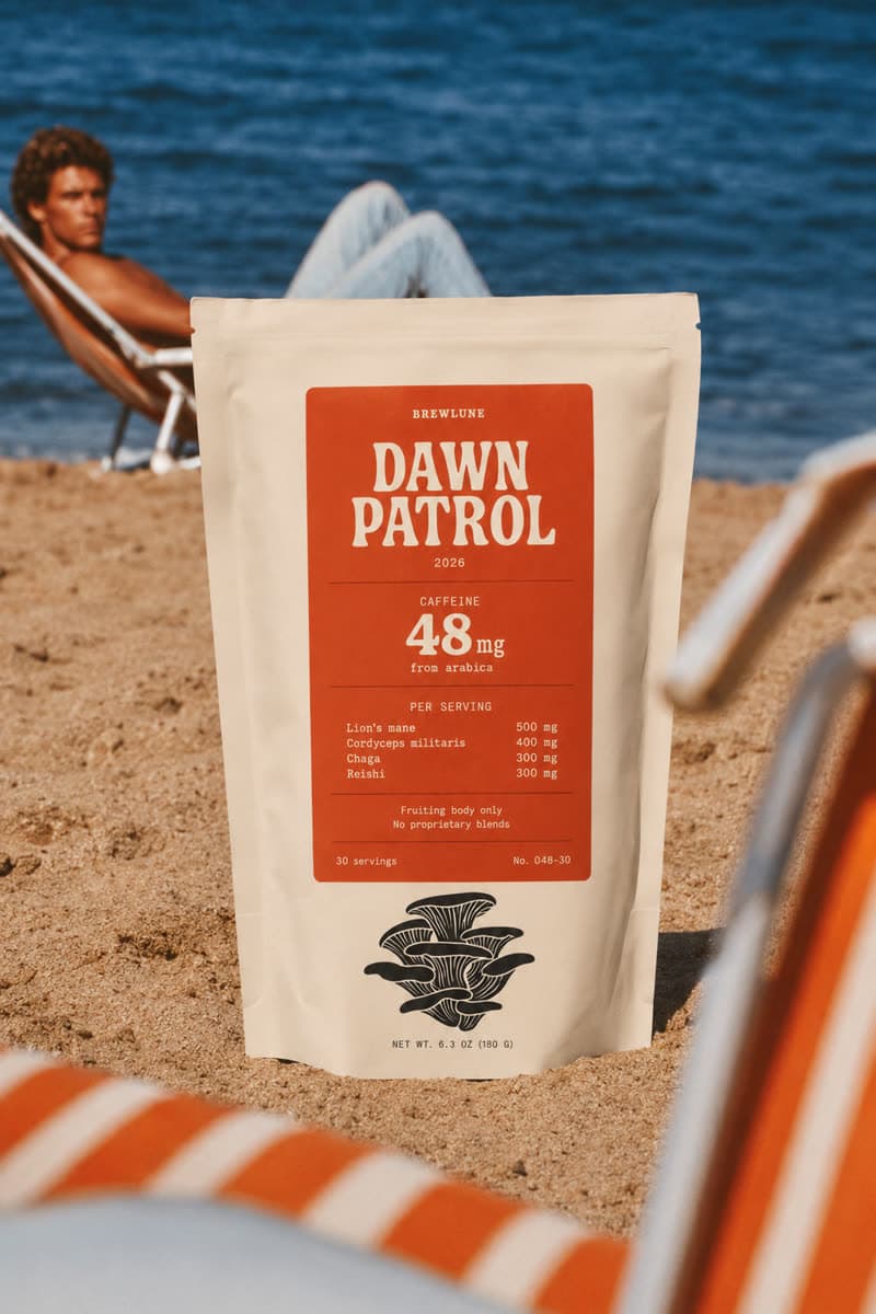 Dawn Patrol pouch standing on the sand, its dose table printed on the front