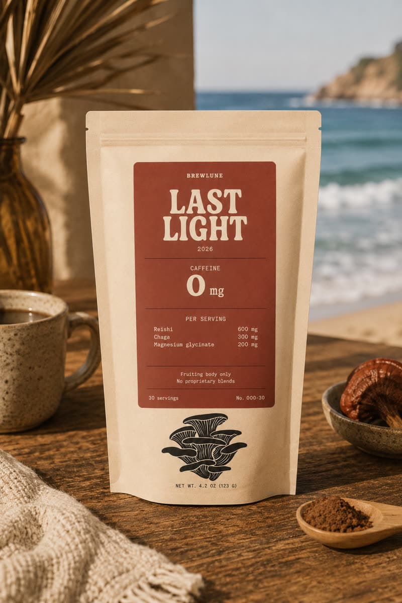 Last Light pouch on a wooden table at dusk, its dose table printed on the front