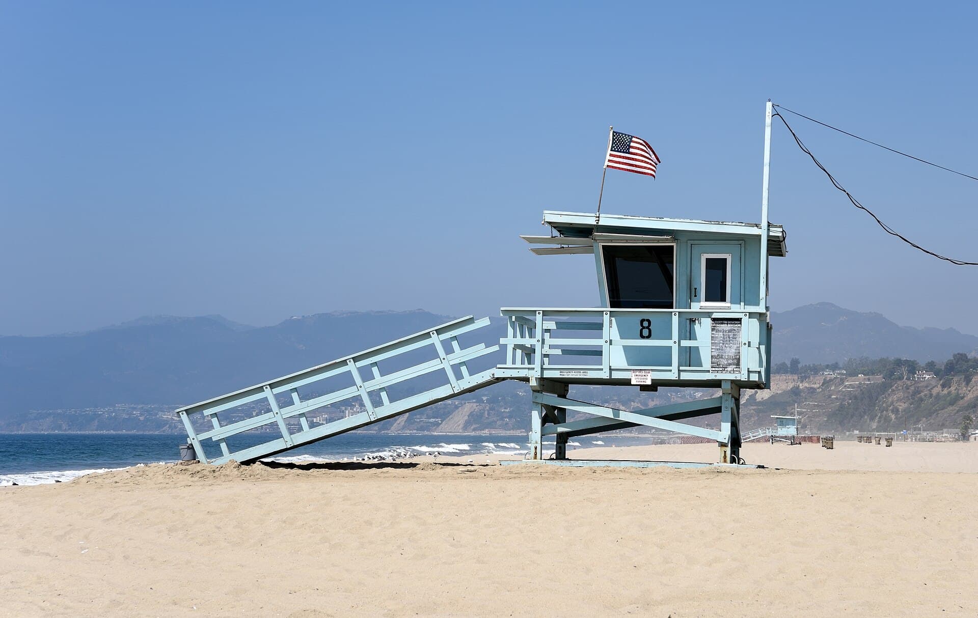 Lifeguard tower on an empty Santa Monica beach