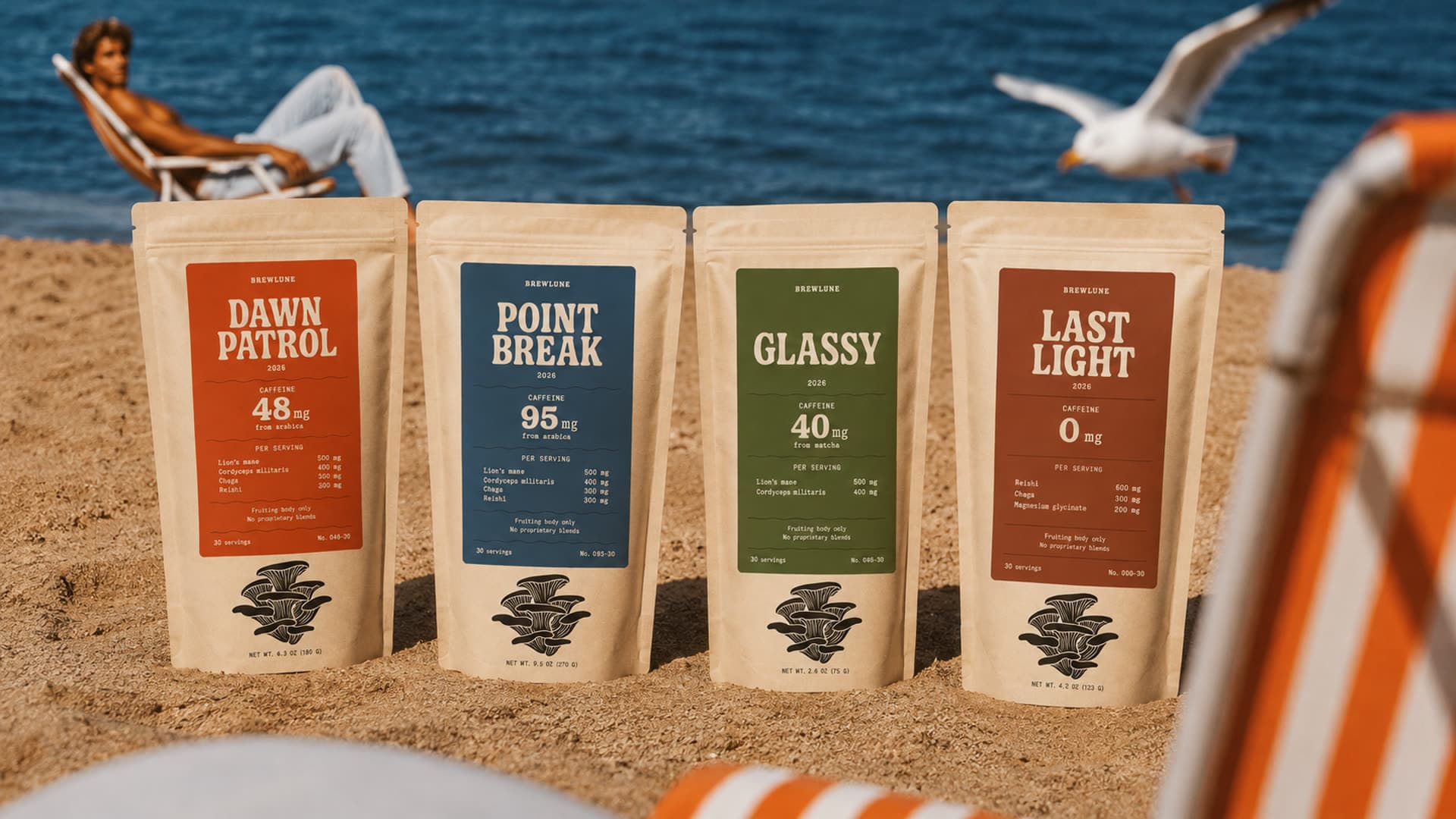 All four Brewlune pouches standing on the sand, every dose table printed on the front